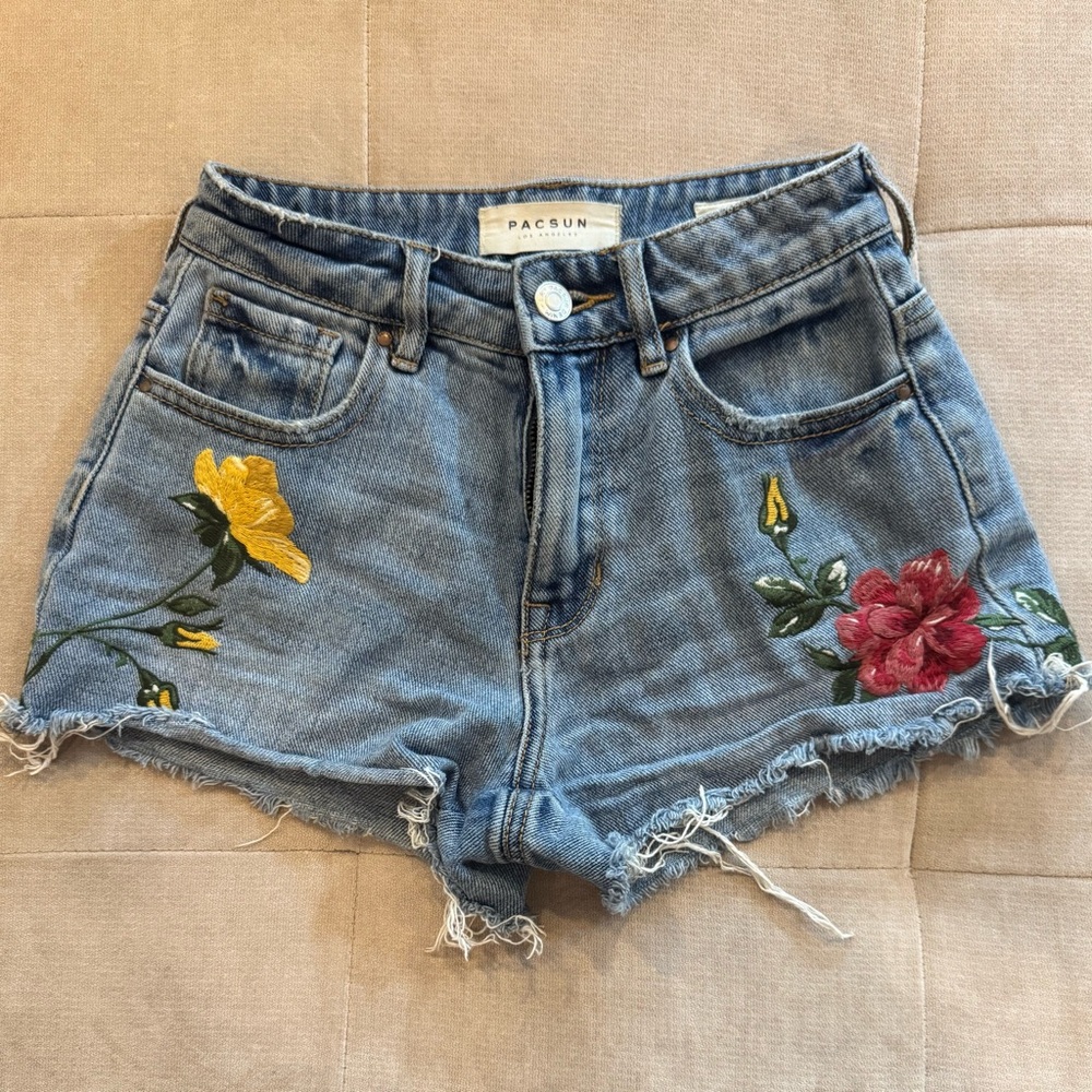 PacSun Women's Blue Denim Shorts with Floral Embroidery